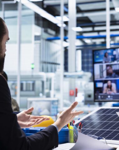 Photovoltaics factory admins look over schematics during internet video call, planning work inside facility. Solar panels plant engineers look over assembly lines blueprints in remote videoconference